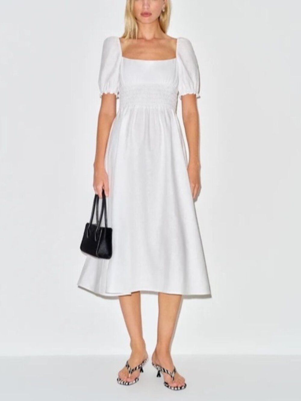 NEW Reformation Adler Linen Midi Smocked Puff Sleeve Dress White | US 0 UK 4